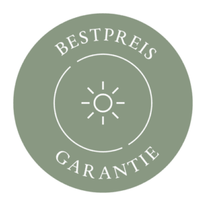 Grünes rundes Siegel mit weißer Sonnen-Ikone in der Mitte und Text „BESTPREIS GARANTIE“ im Bogen
